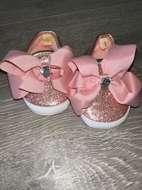 First Steps Baby Girl Soft Shoes Rose Gold Pink Bow Heart Jewel Size 3-6m